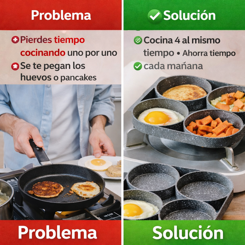 Cocina fácil sin complicaciones, Prepara 4 alimentos al mismo tiempo, sartén antiadherente 4 espacios