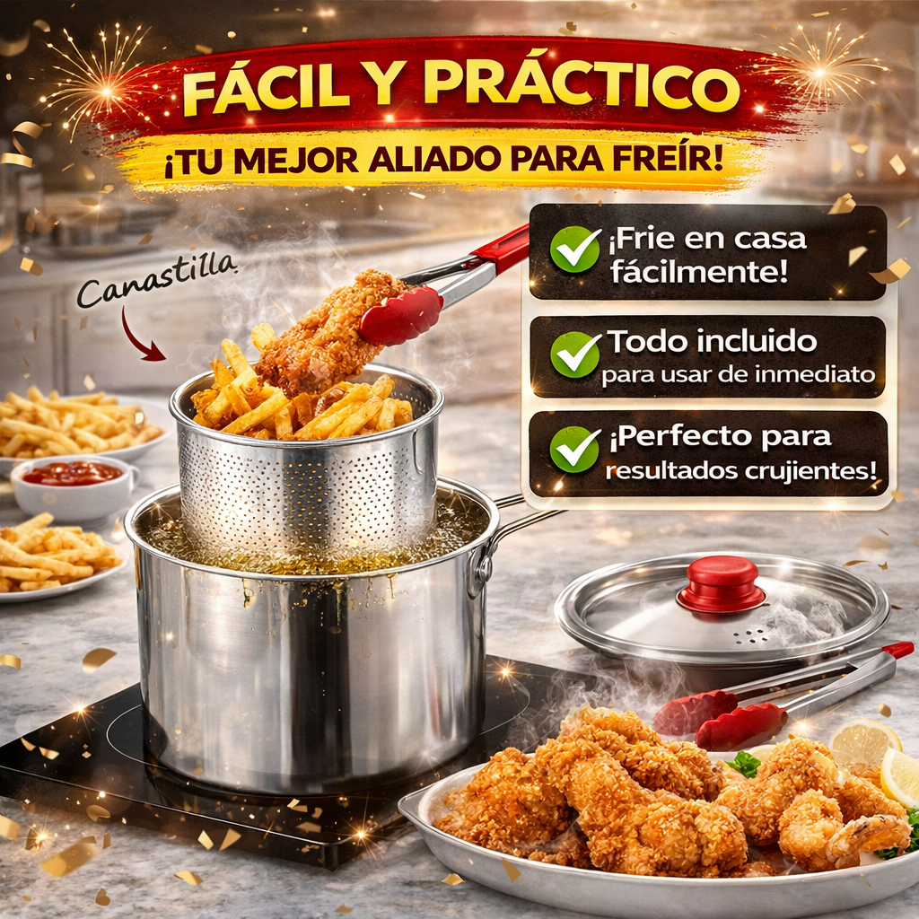 Freír ahora es más fácil, limpio y rápido con la Olla Freidora de Acero Inoxidable con Canastilla