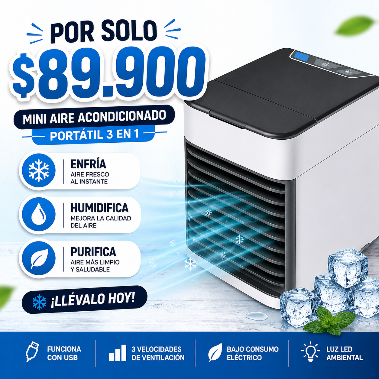 ❄️ DILE ADIÓS AL CALOR CON EL MINI AIRE ACONDICIONADO PORTÁTIL 3 EN 1 💨