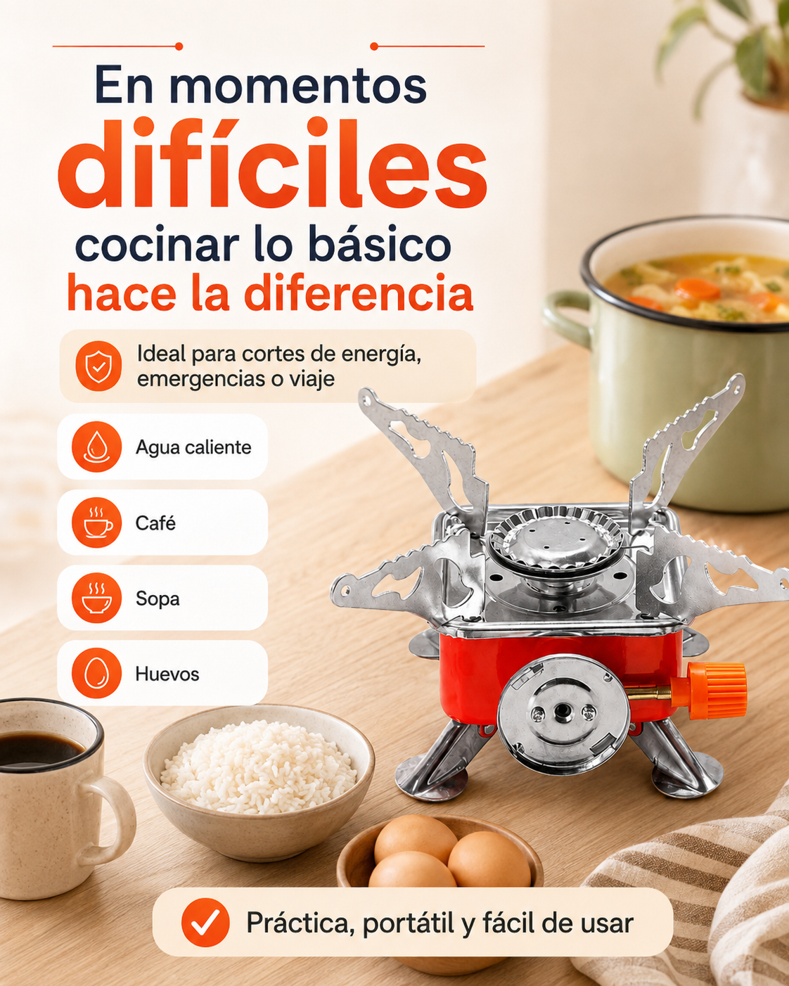 Una estufa portátil para preparar lo básico cuando más se necesita. Por solo $64.900 · Ideal para kits de ayuda y emergencia