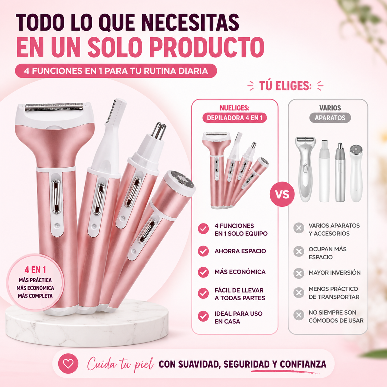 Piel suave en minutos con tu Depiladora 4 en 1