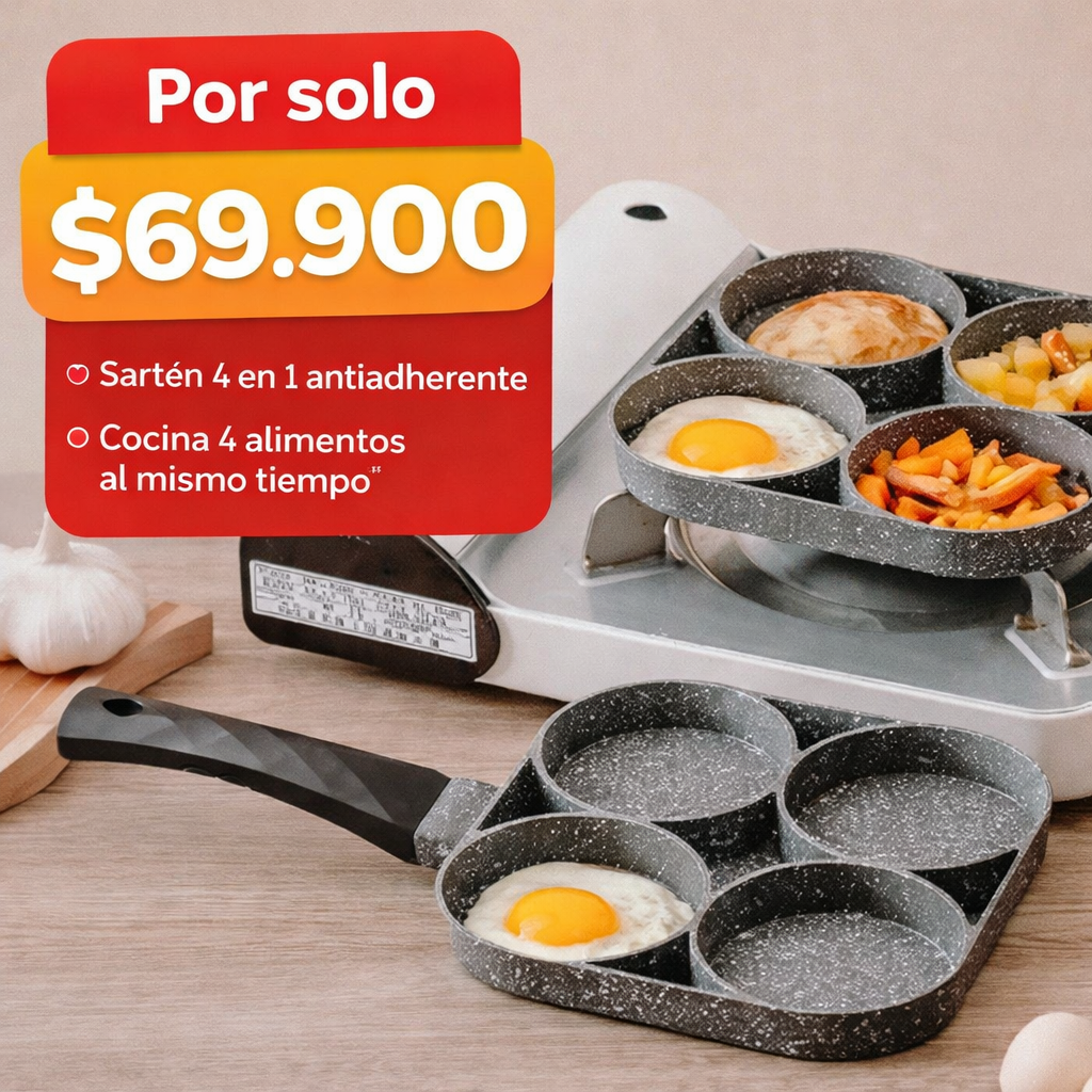 Cocina fácil sin complicaciones, Prepara 4 alimentos al mismo tiempo, sartén antiadherente 4 espacios