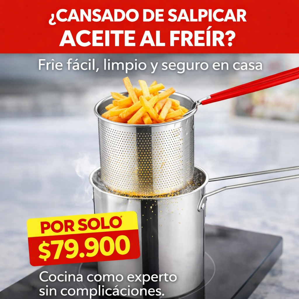 Freír ahora es más fácil, limpio y rápido con la Olla Freidora de Acero Inoxidable con Canastilla