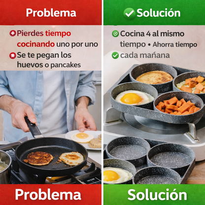 Cocina fácil sin complicaciones, Prepara 4 alimentos al mismo tiempo, sartén antiadherente 4 espacios