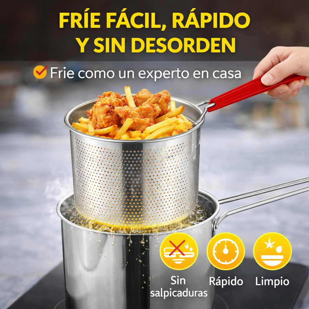 Freír ahora es más fácil, limpio y rápido con la Olla Freidora de Acero Inoxidable con Canastilla