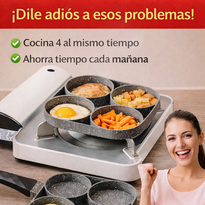 Cocina fácil sin complicaciones, Prepara 4 alimentos al mismo tiempo, sartén antiadherente 4 espacios