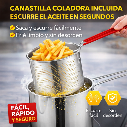 Freír ahora es más fácil, limpio y rápido con la Olla Freidora de Acero Inoxidable con Canastilla