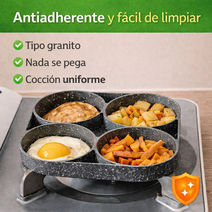 Cocina fácil sin complicaciones, Prepara 4 alimentos al mismo tiempo, sartén antiadherente 4 espacios