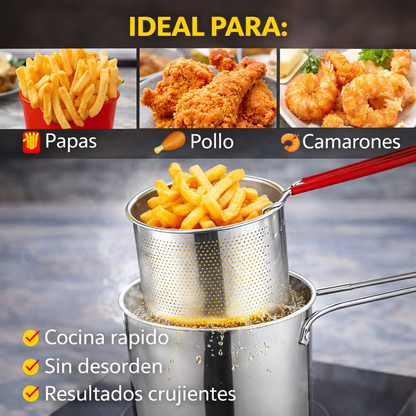 Freír ahora es más fácil, limpio y rápido con la Olla Freidora de Acero Inoxidable con Canastilla