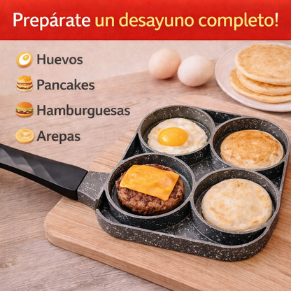 Cocina fácil sin complicaciones, Prepara 4 alimentos al mismo tiempo, sartén antiadherente 4 espacios