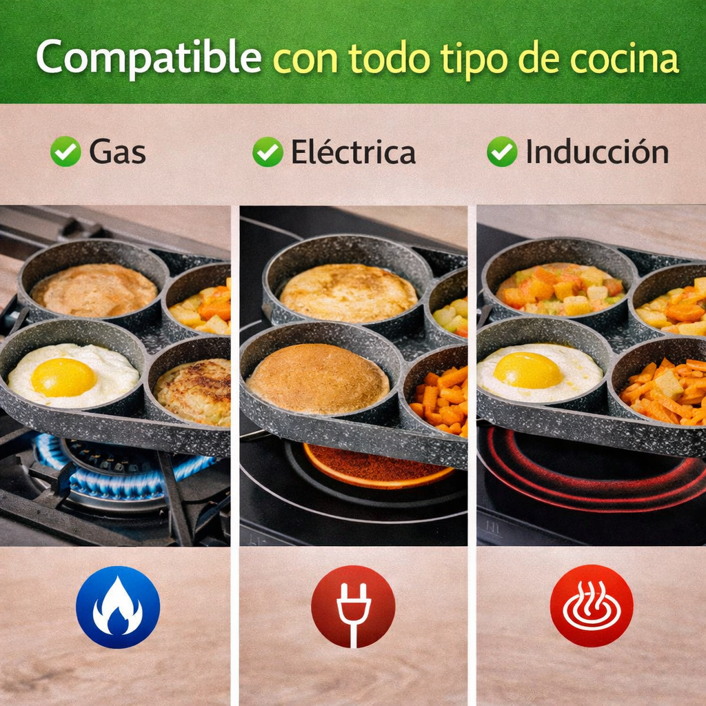 Cocina fácil sin complicaciones, Prepara 4 alimentos al mismo tiempo, sartén antiadherente 4 espacios