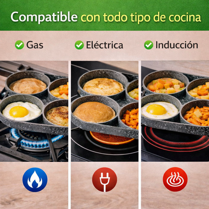 Cocina fácil sin complicaciones, Prepara 4 alimentos al mismo tiempo, sartén antiadherente 4 espacios