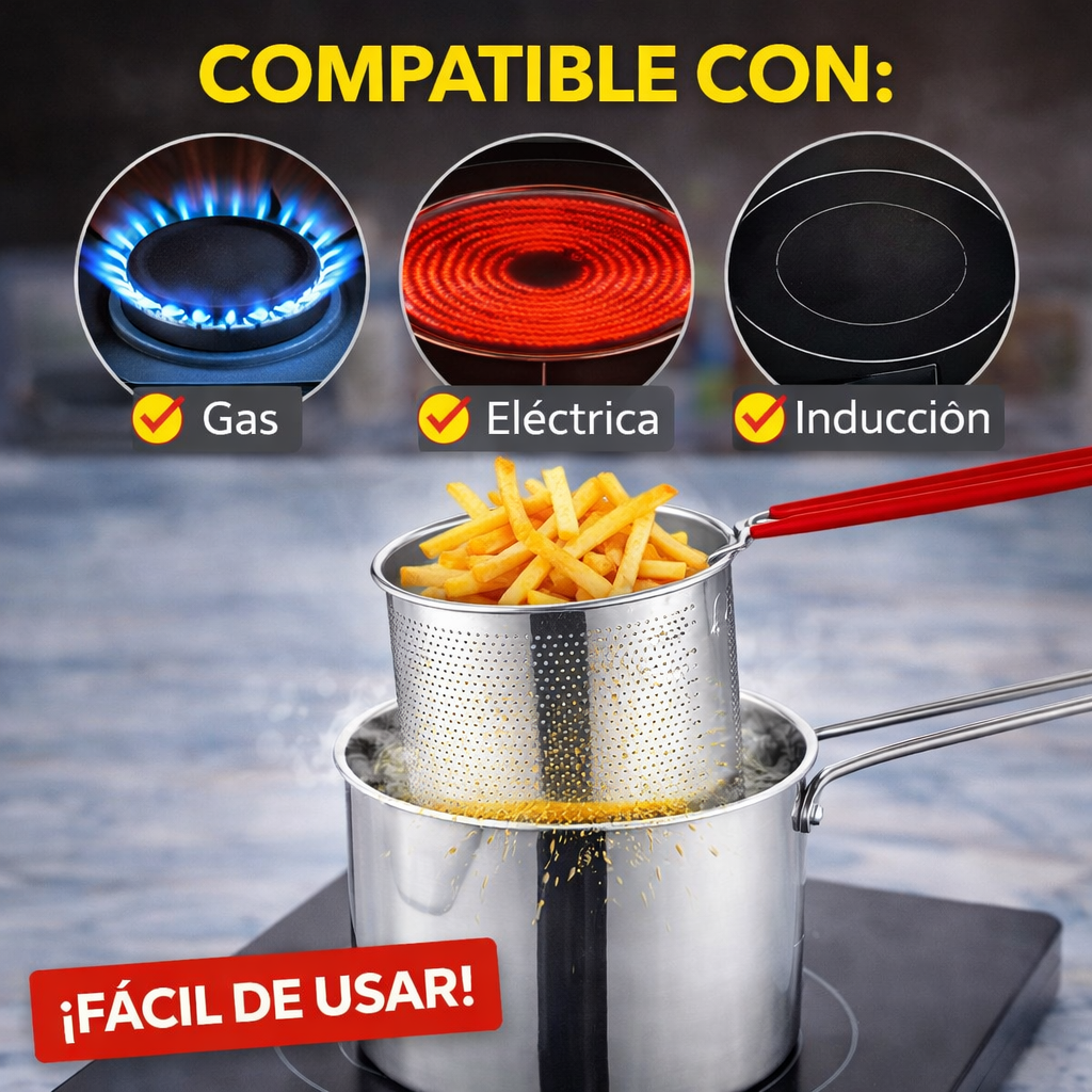 Freír ahora es más fácil, limpio y rápido con la Olla Freidora de Acero Inoxidable con Canastilla