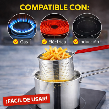 Freír ahora es más fácil, limpio y rápido con la Olla Freidora de Acero Inoxidable con Canastilla