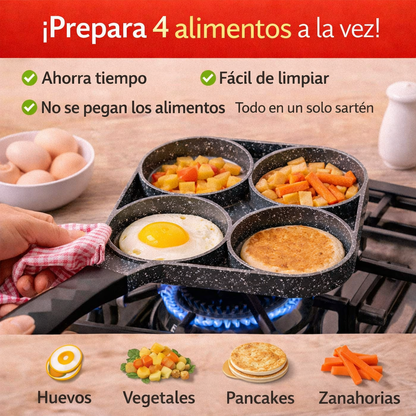 Cocina fácil sin complicaciones, Prepara 4 alimentos al mismo tiempo, sartén antiadherente 4 espacios