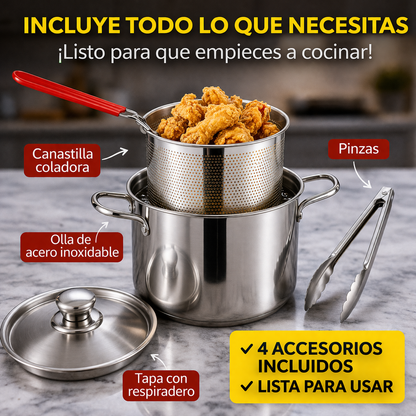 Freír ahora es más fácil, limpio y rápido con la Olla Freidora de Acero Inoxidable con Canastilla