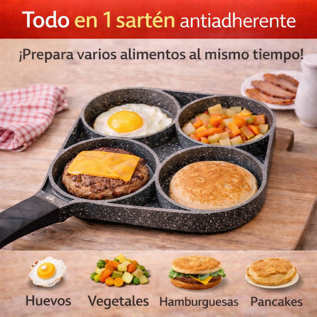 Cocina fácil sin complicaciones, Prepara 4 alimentos al mismo tiempo, sartén antiadherente 4 espacios