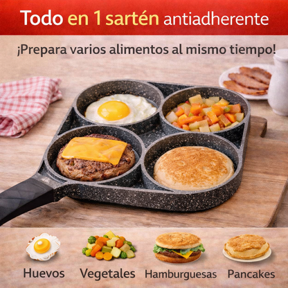 Cocina fácil sin complicaciones, Prepara 4 alimentos al mismo tiempo, sartén antiadherente 4 espacios
