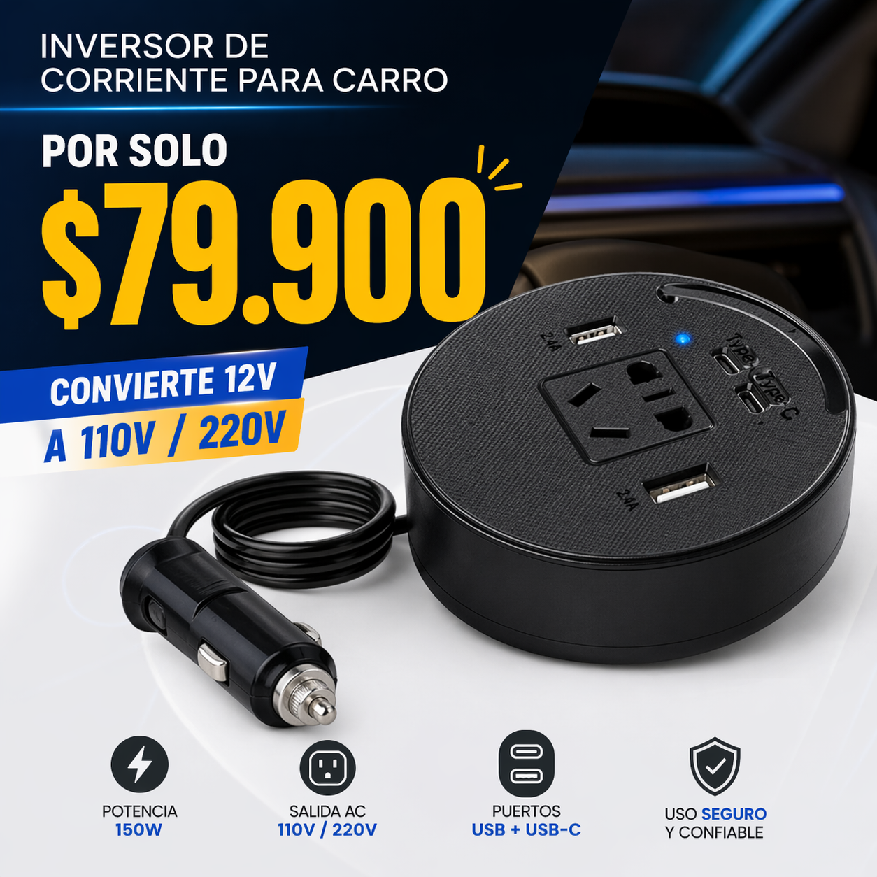 🔥 ¿Sin batería en el carro? Carga TODOS tus dispositivos donde sea con el Inversor de Corriente