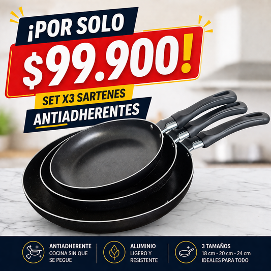 ¡Cocina sin que se pegue y ahorra con esta oferta única! Set x3 Sartenes Antiadherentes
