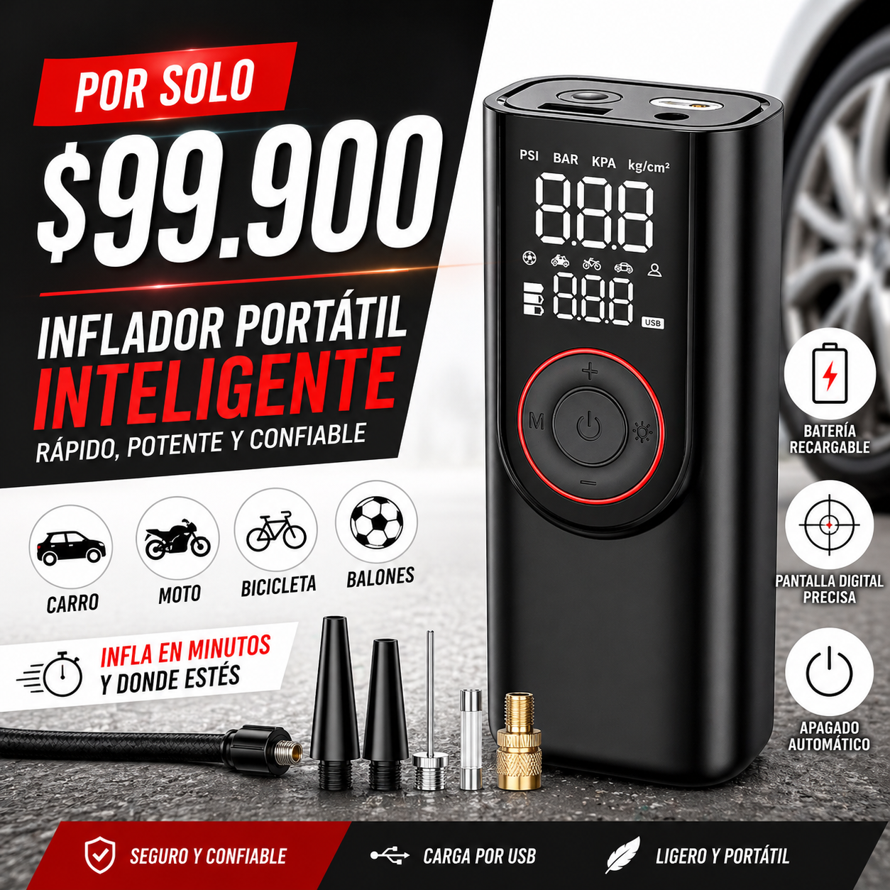 Infla tus llantas en minutos y sin esfuerzo – Inflador Portátil Inteligente