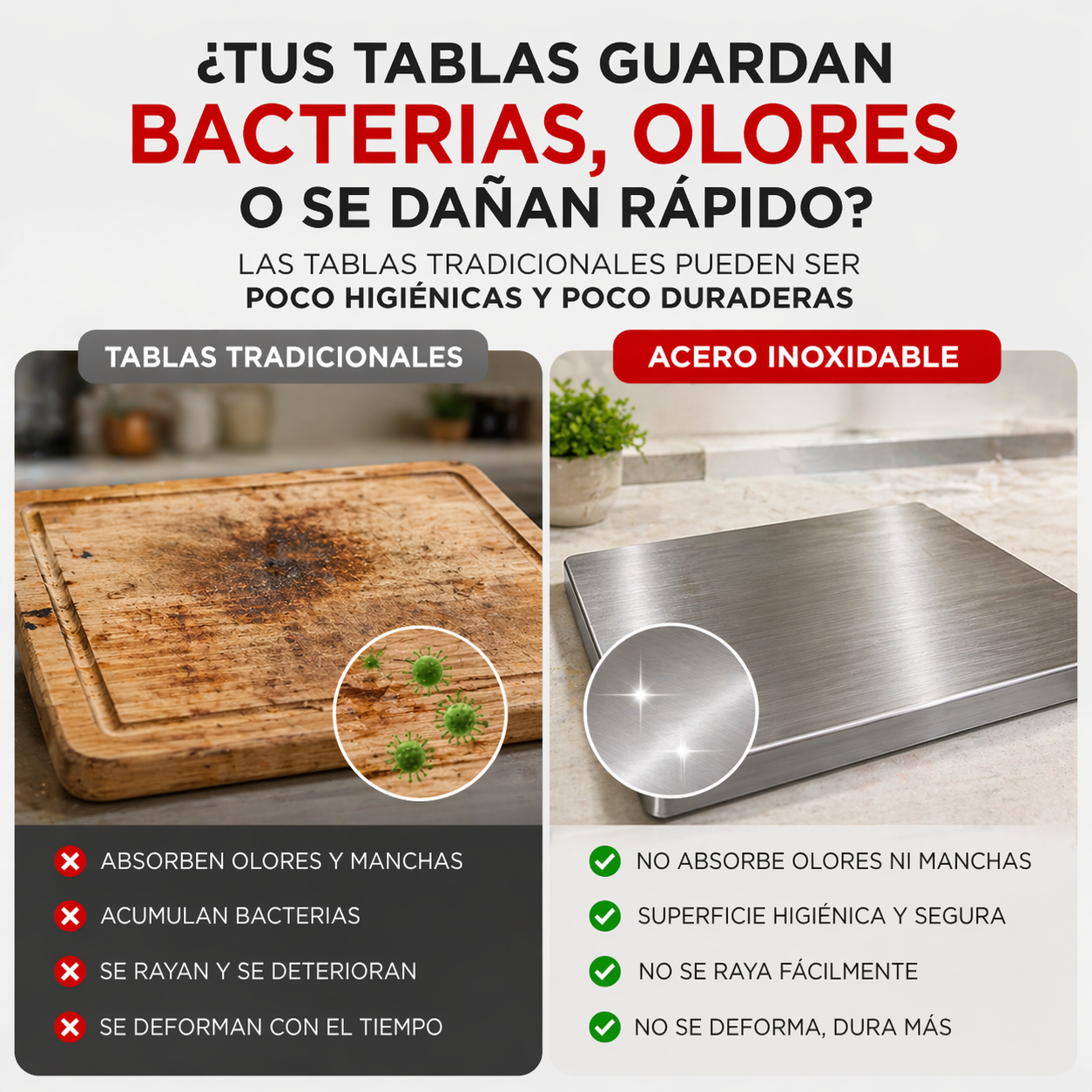 Deja de cortar sobre bacterias y cambia a una cocina más limpia y profesional con la Tabla de Cortar de Acero Inoxidable