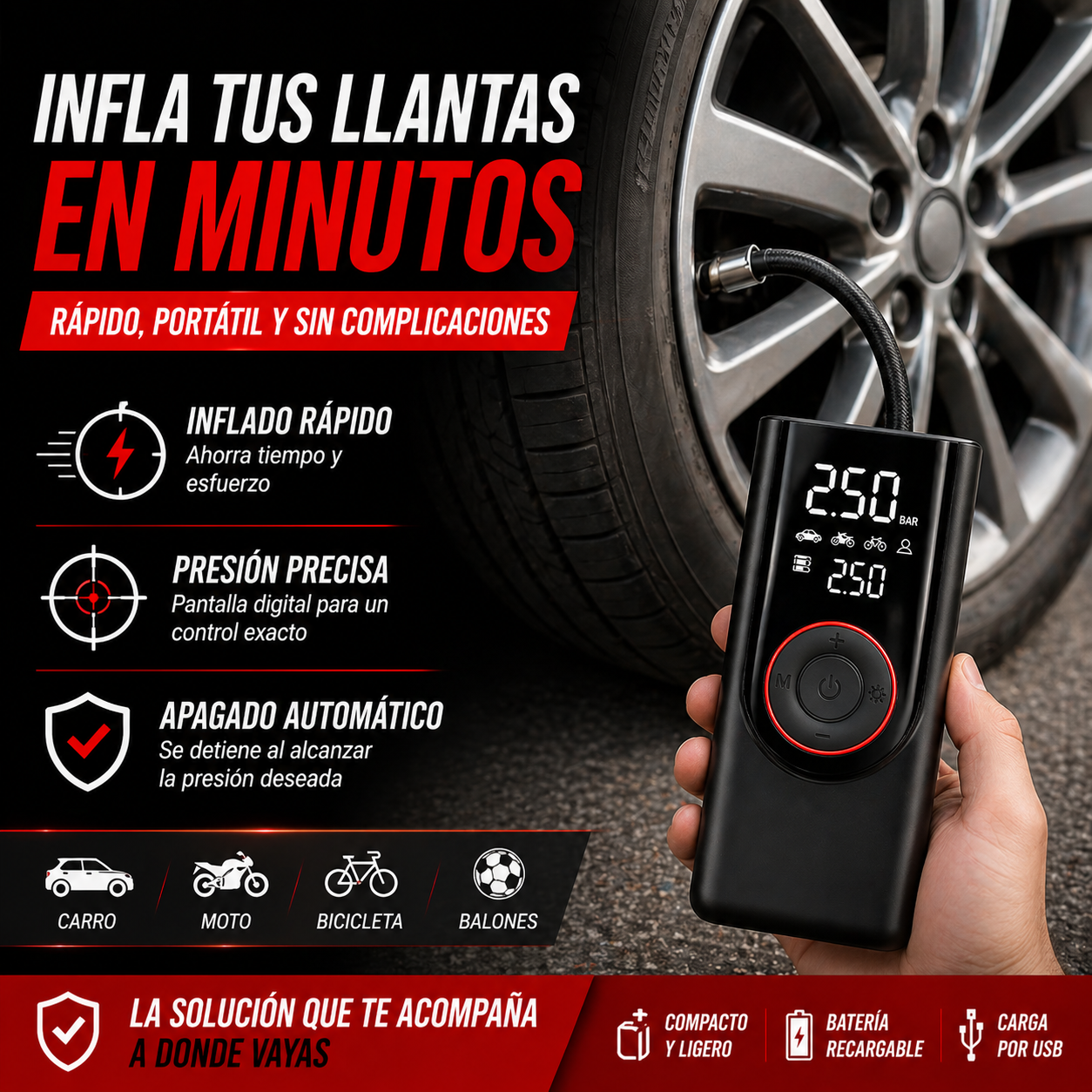 Infla tus llantas en minutos y sin esfuerzo – Inflador Portátil Inteligente
