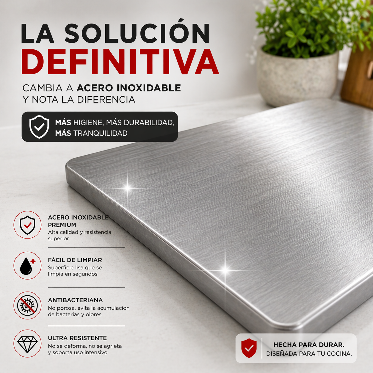 Deja de cortar sobre bacterias y cambia a una cocina más limpia y profesional con la Tabla de Cortar de Acero Inoxidable