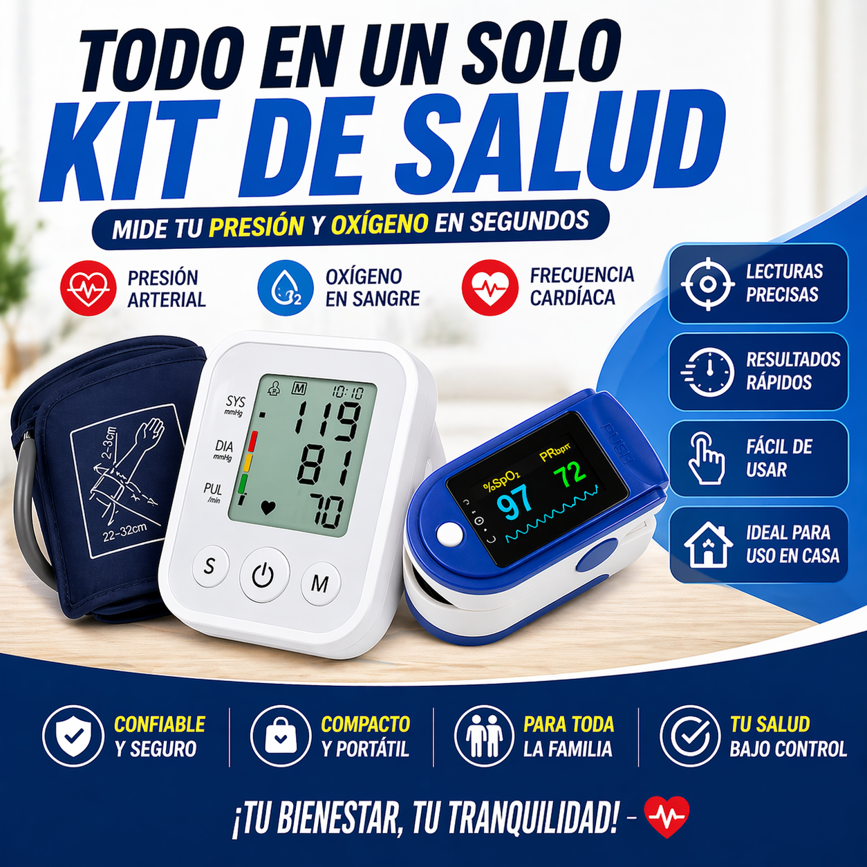 ¡Por solo $89.900 cuida tu salud desde casa con precisión y confianza! Combo Tensiómetro Digital + Oxímetro de Pulso