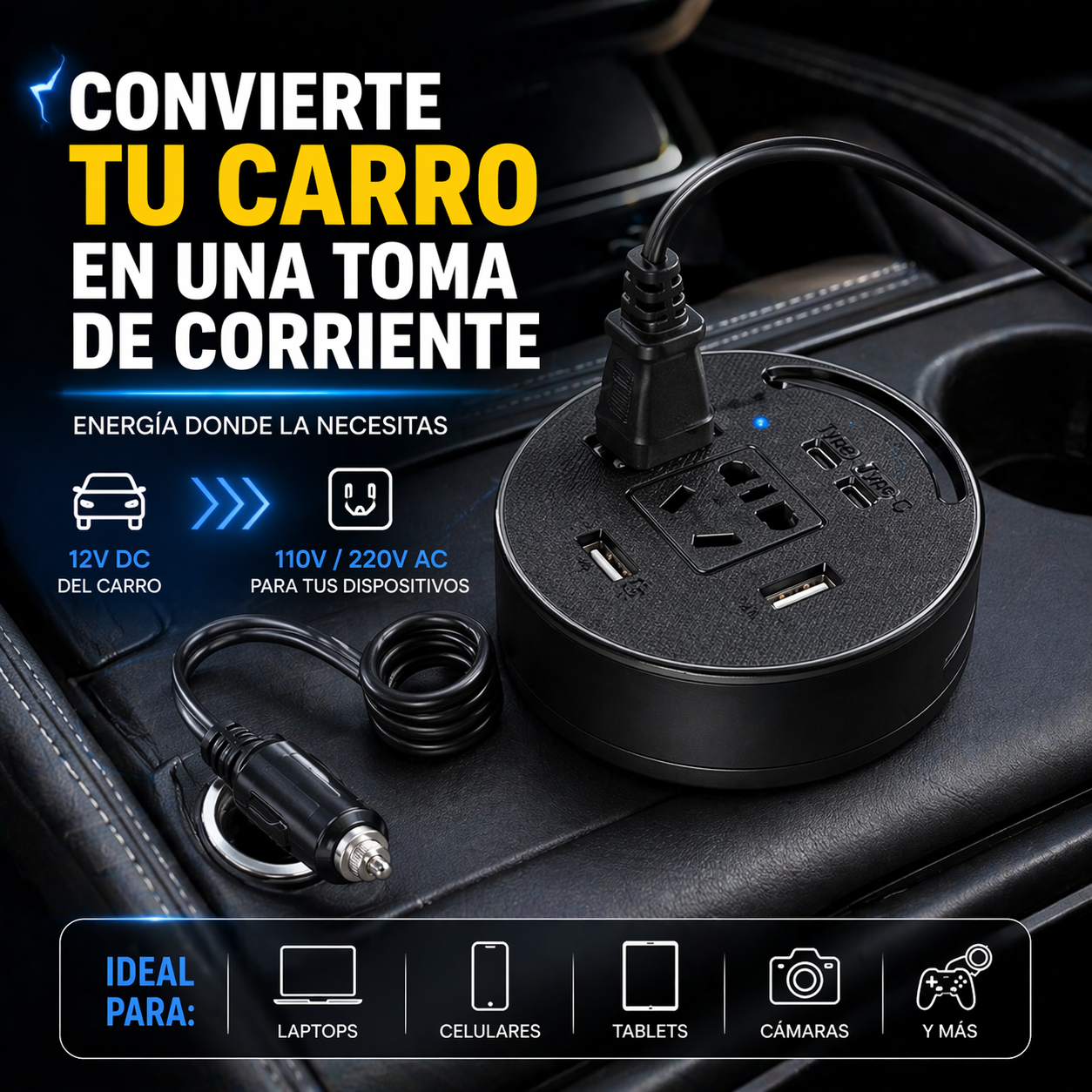 🔥 ¿Sin batería en el carro? Carga TODOS tus dispositivos donde sea con el Inversor de Corriente