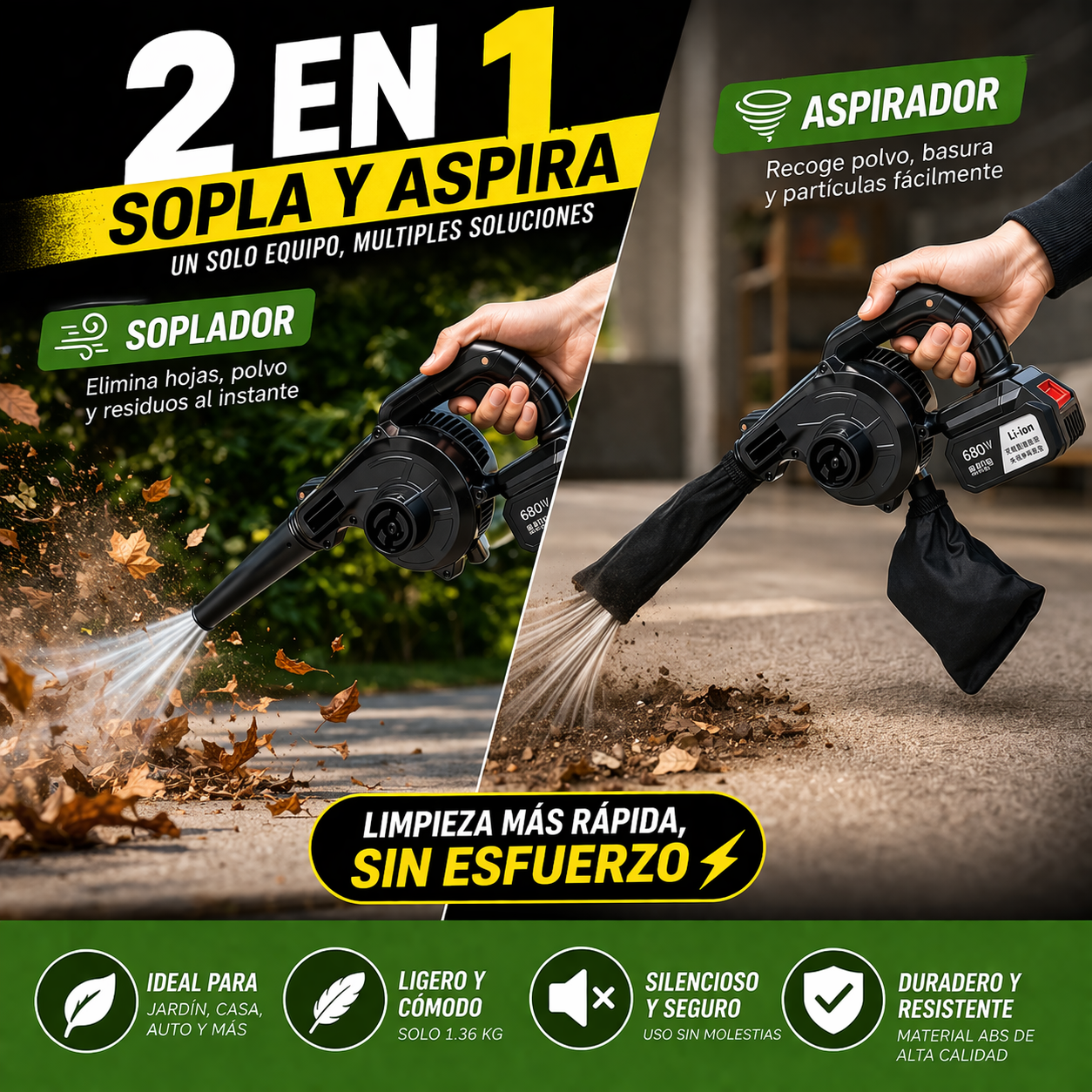 El aliado perfecto para limpiar rápido, Ideal para hogar, auto y taller. Aspiradora y sopladora inalámbrica