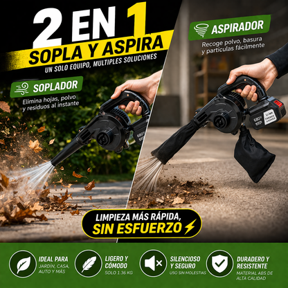 El aliado perfecto para limpiar rápido, Ideal para hogar, auto y taller. Aspiradora y sopladora inalámbrica