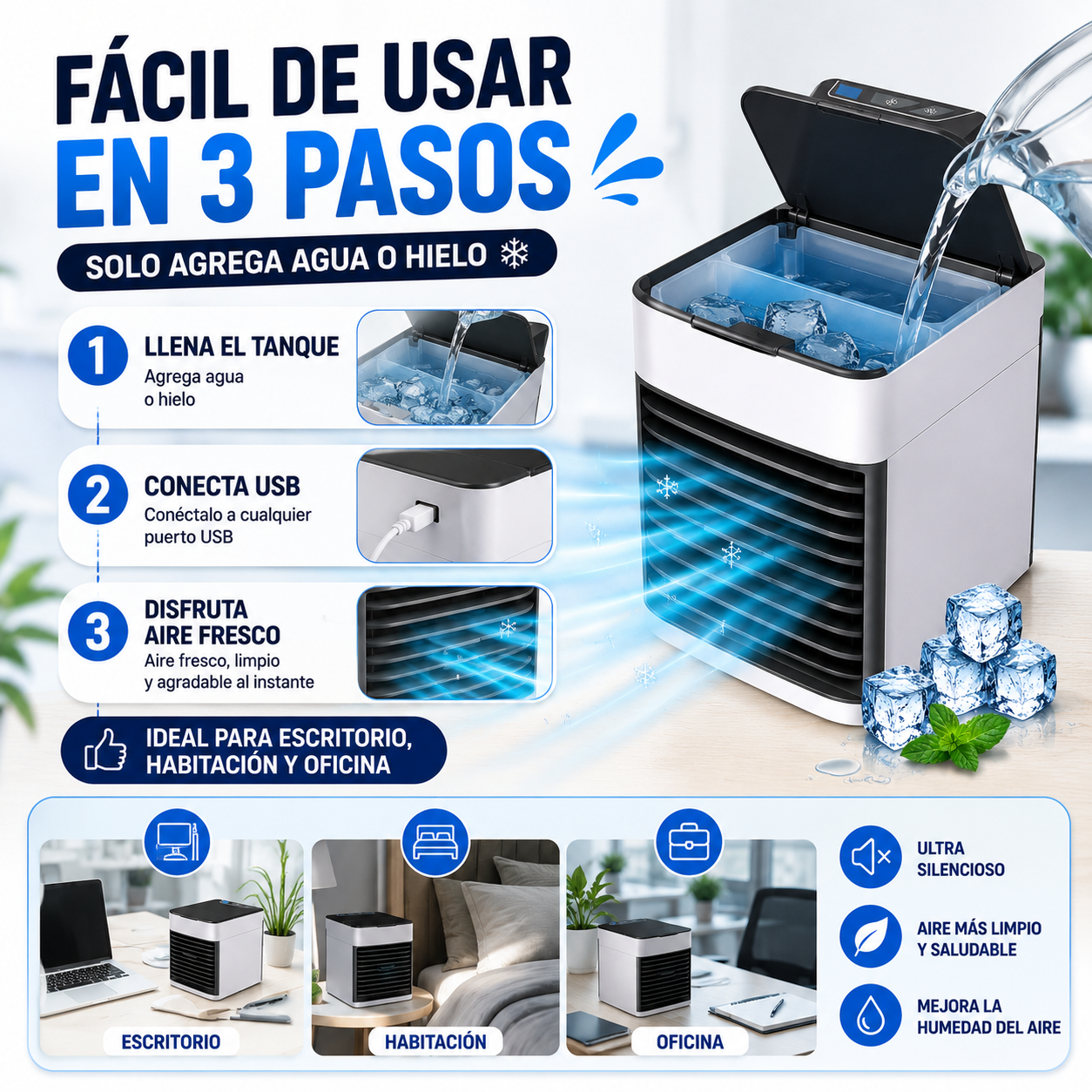 ❄️ DILE ADIÓS AL CALOR CON EL MINI AIRE ACONDICIONADO PORTÁTIL 3 EN 1 💨