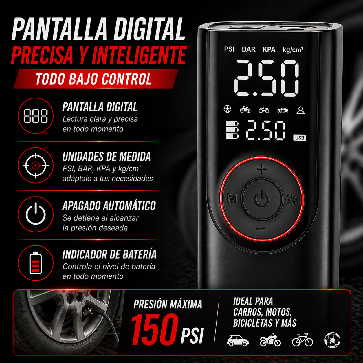 Infla tus llantas en minutos y sin esfuerzo – Inflador Portátil Inteligente