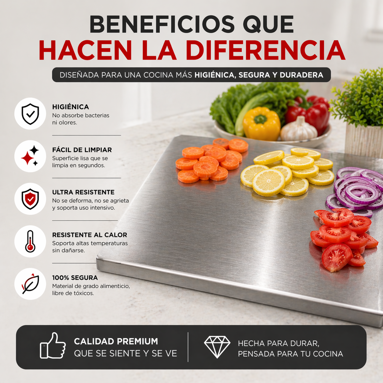 Deja de cortar sobre bacterias y cambia a una cocina más limpia y profesional con la Tabla de Cortar de Acero Inoxidable