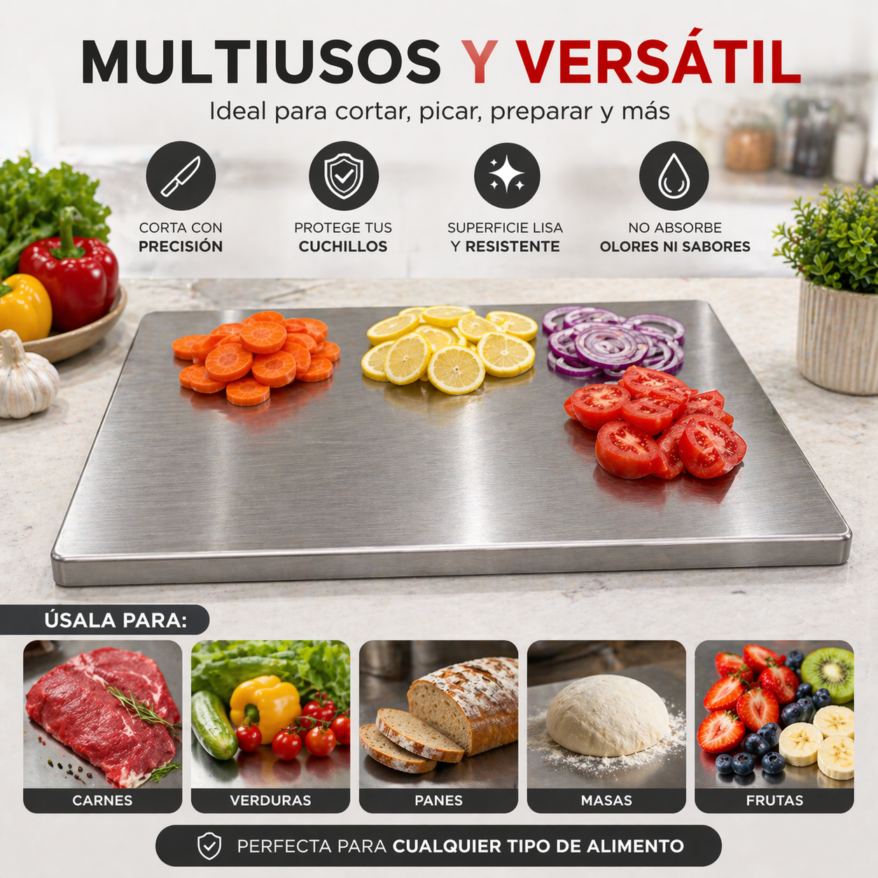 Deja de cortar sobre bacterias y cambia a una cocina más limpia y profesional con la Tabla de Cortar de Acero Inoxidable