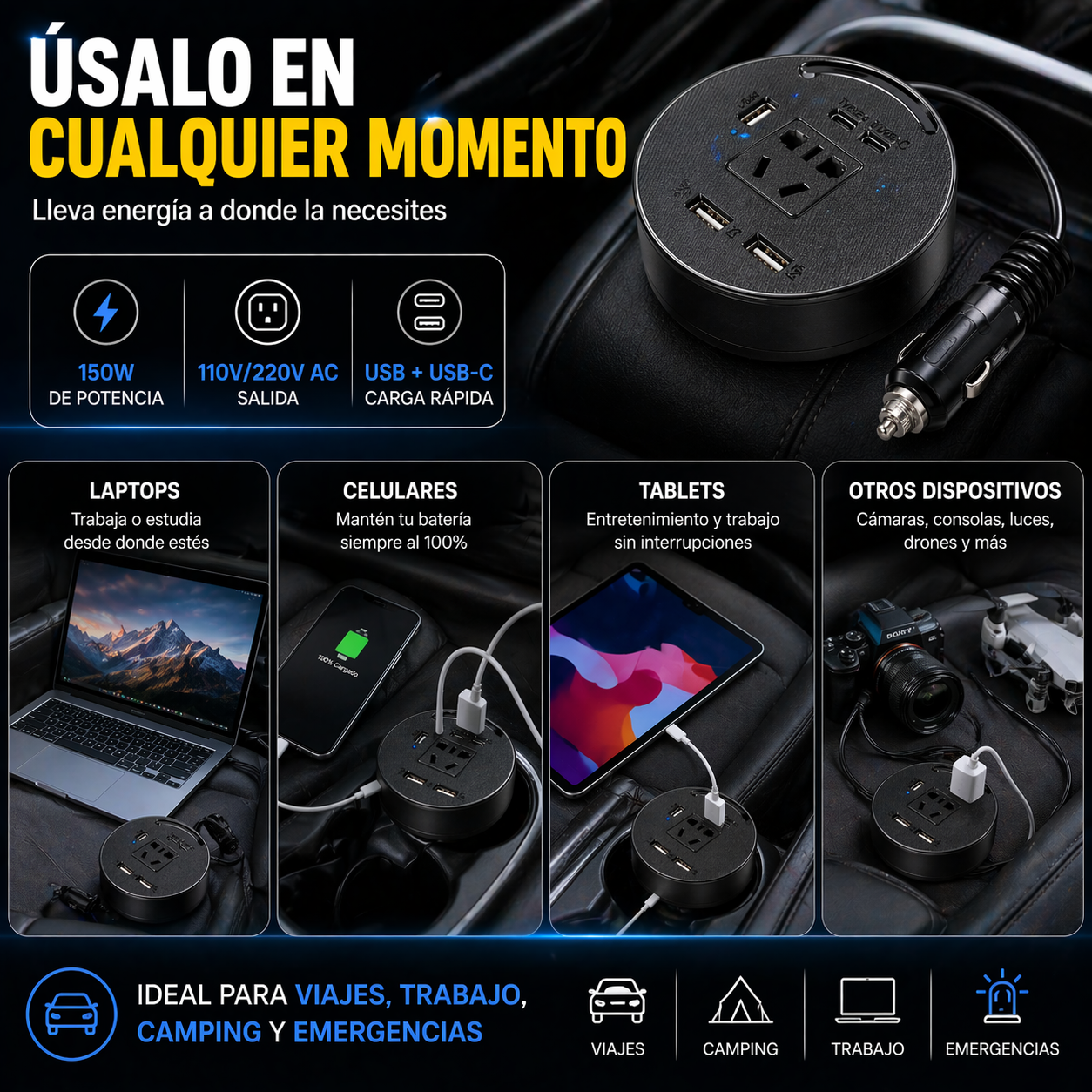 🔥 ¿Sin batería en el carro? Carga TODOS tus dispositivos donde sea con el Inversor de Corriente