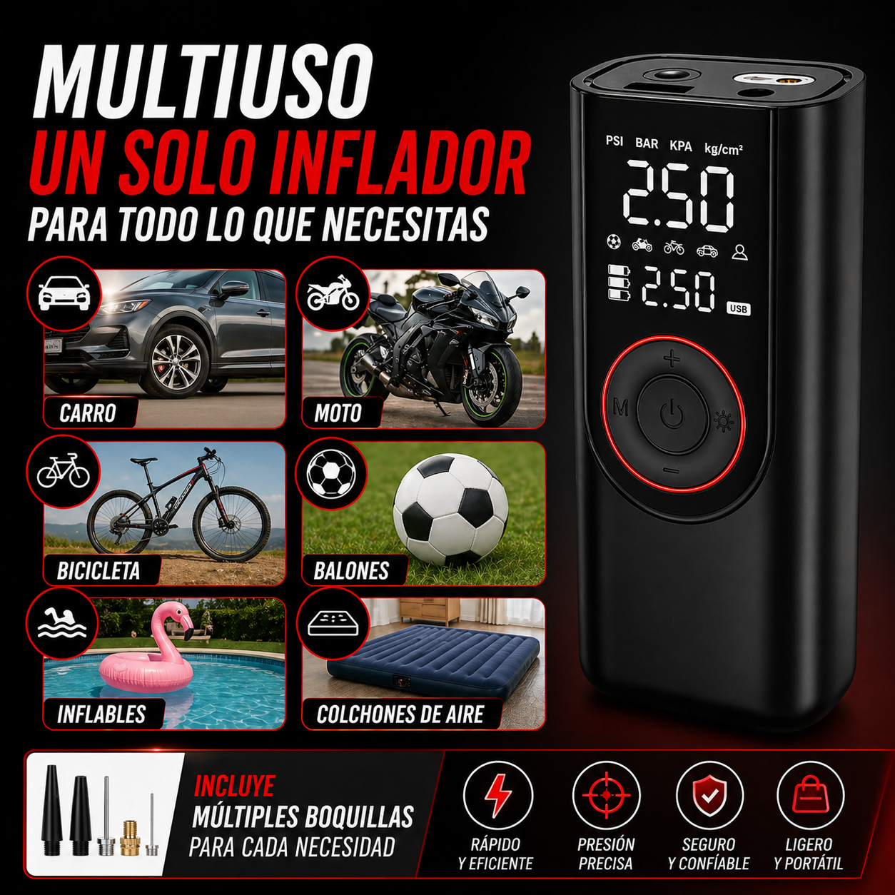 Infla tus llantas en minutos y sin esfuerzo – Inflador Portátil Inteligente