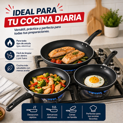 ¡Cocina sin que se pegue y ahorra con esta oferta única! Set x3 Sartenes Antiadherentes
