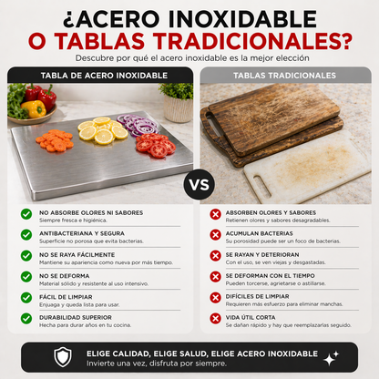 Deja de cortar sobre bacterias y cambia a una cocina más limpia y profesional con la Tabla de Cortar de Acero Inoxidable