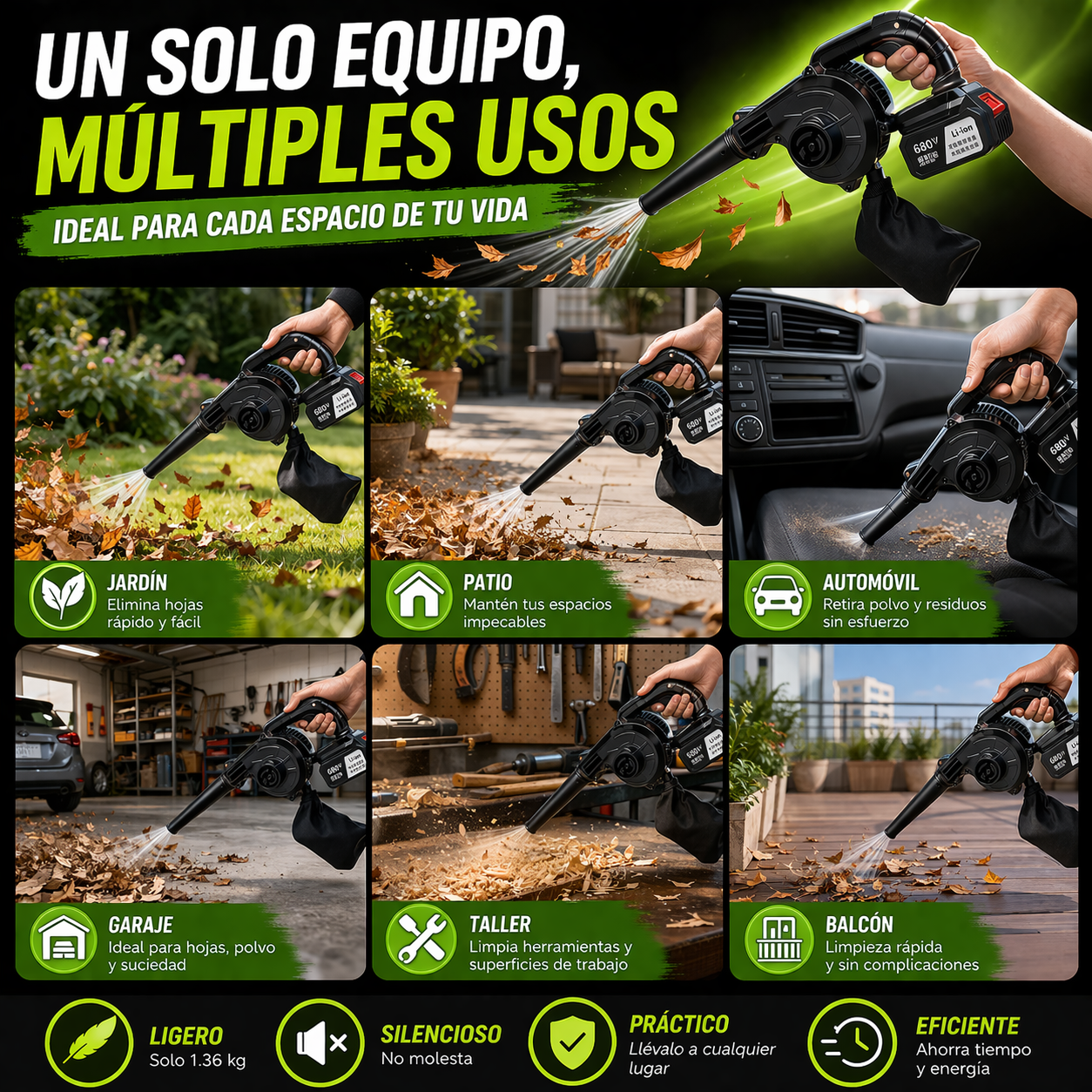 El aliado perfecto para limpiar rápido, Ideal para hogar, auto y taller. Aspiradora y sopladora inalámbrica