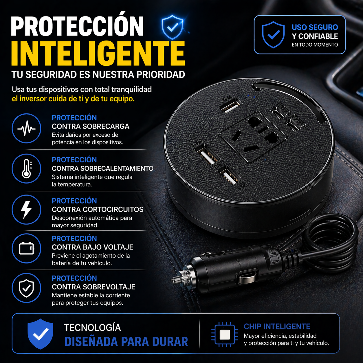 🔥 ¿Sin batería en el carro? Carga TODOS tus dispositivos donde sea con el Inversor de Corriente
