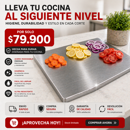 Deja de cortar sobre bacterias y cambia a una cocina más limpia y profesional con la Tabla de Cortar de Acero Inoxidable