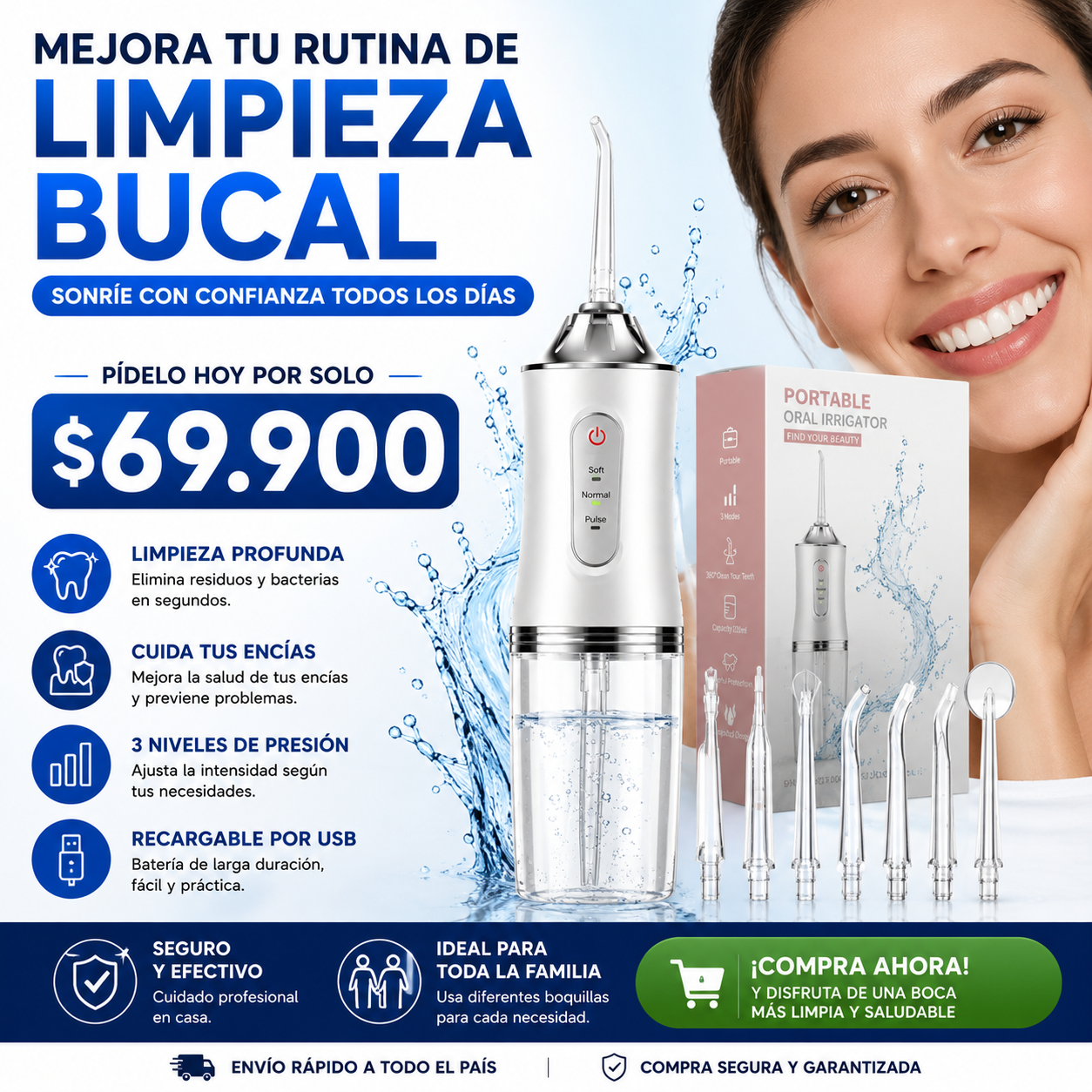Adiós residuos entre dientes: mejora tu higiene diaria con el Irrigador Bucal Portátil