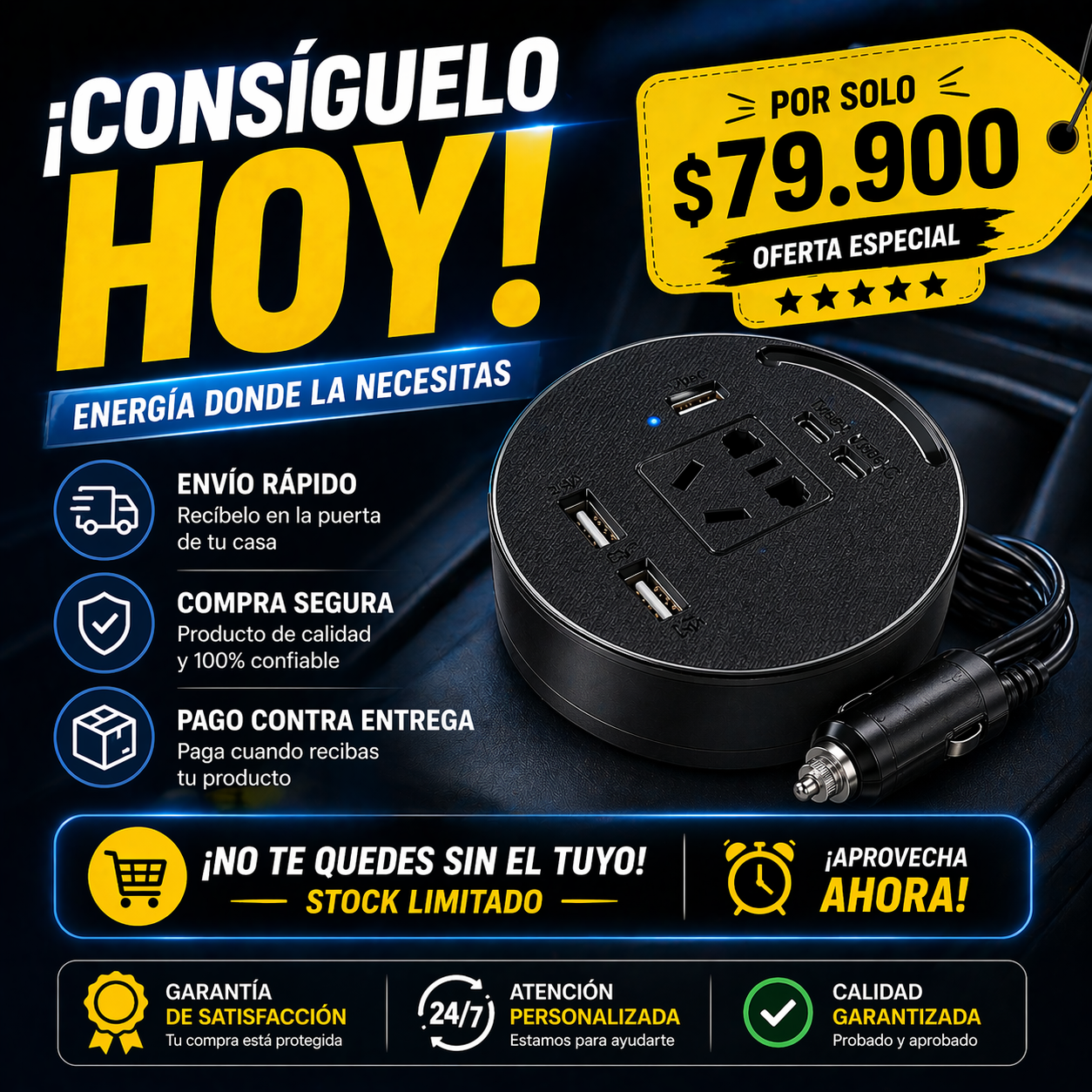 🔥 ¿Sin batería en el carro? Carga TODOS tus dispositivos donde sea con el Inversor de Corriente