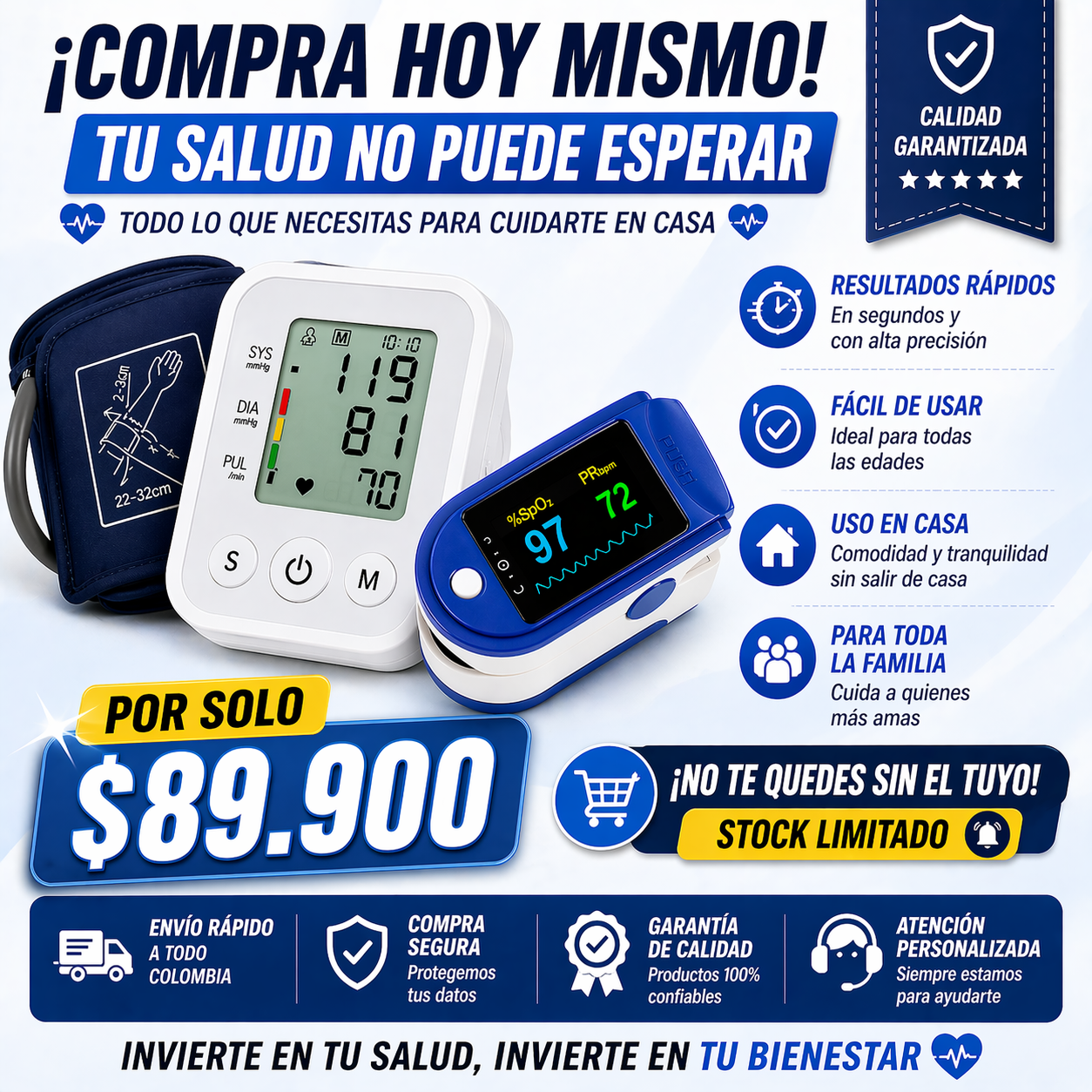 ¡Por solo $89.900 cuida tu salud desde casa con precisión y confianza! Combo Tensiómetro Digital + Oxímetro de Pulso