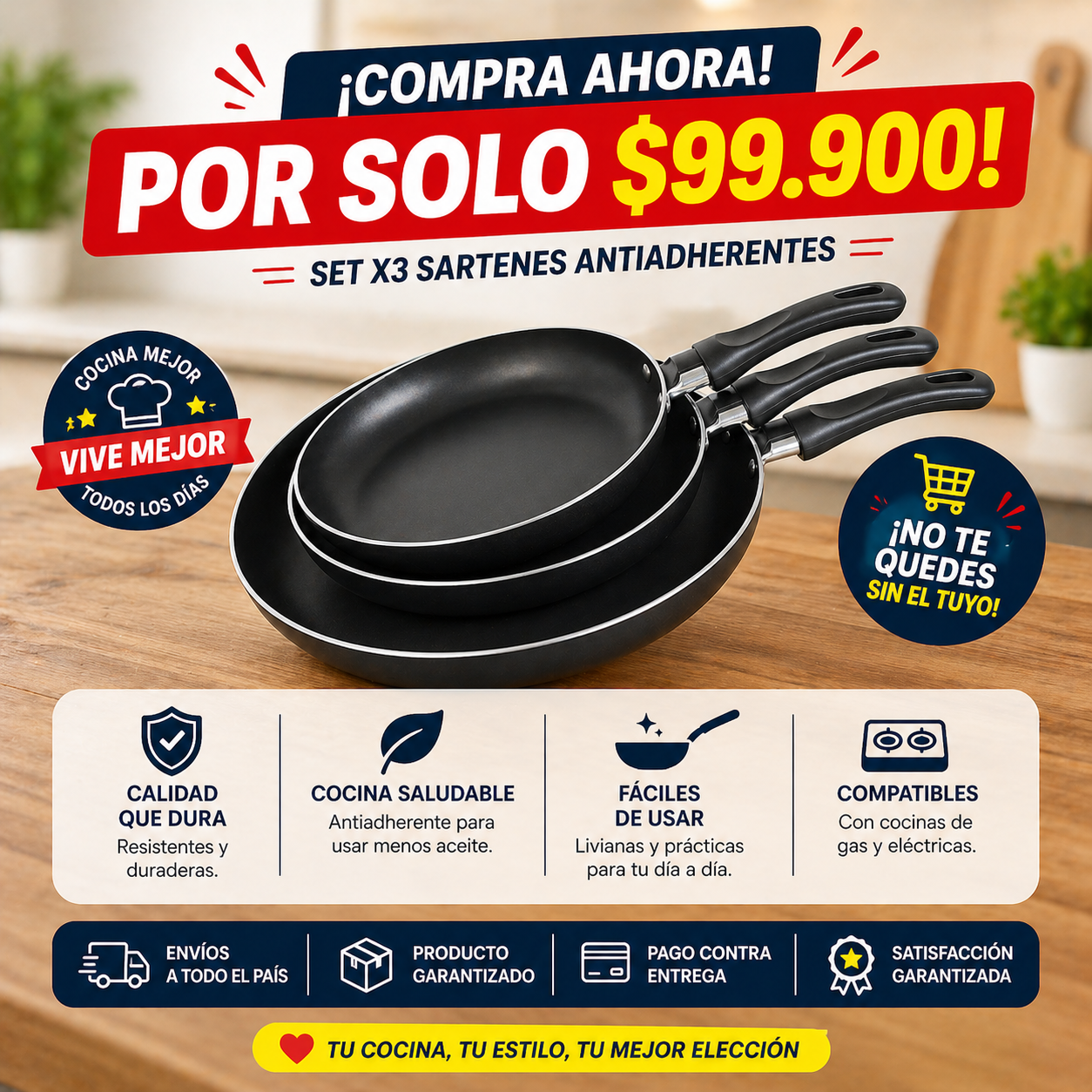 ¡Cocina sin que se pegue y ahorra con esta oferta única! Set x3 Sartenes Antiadherentes