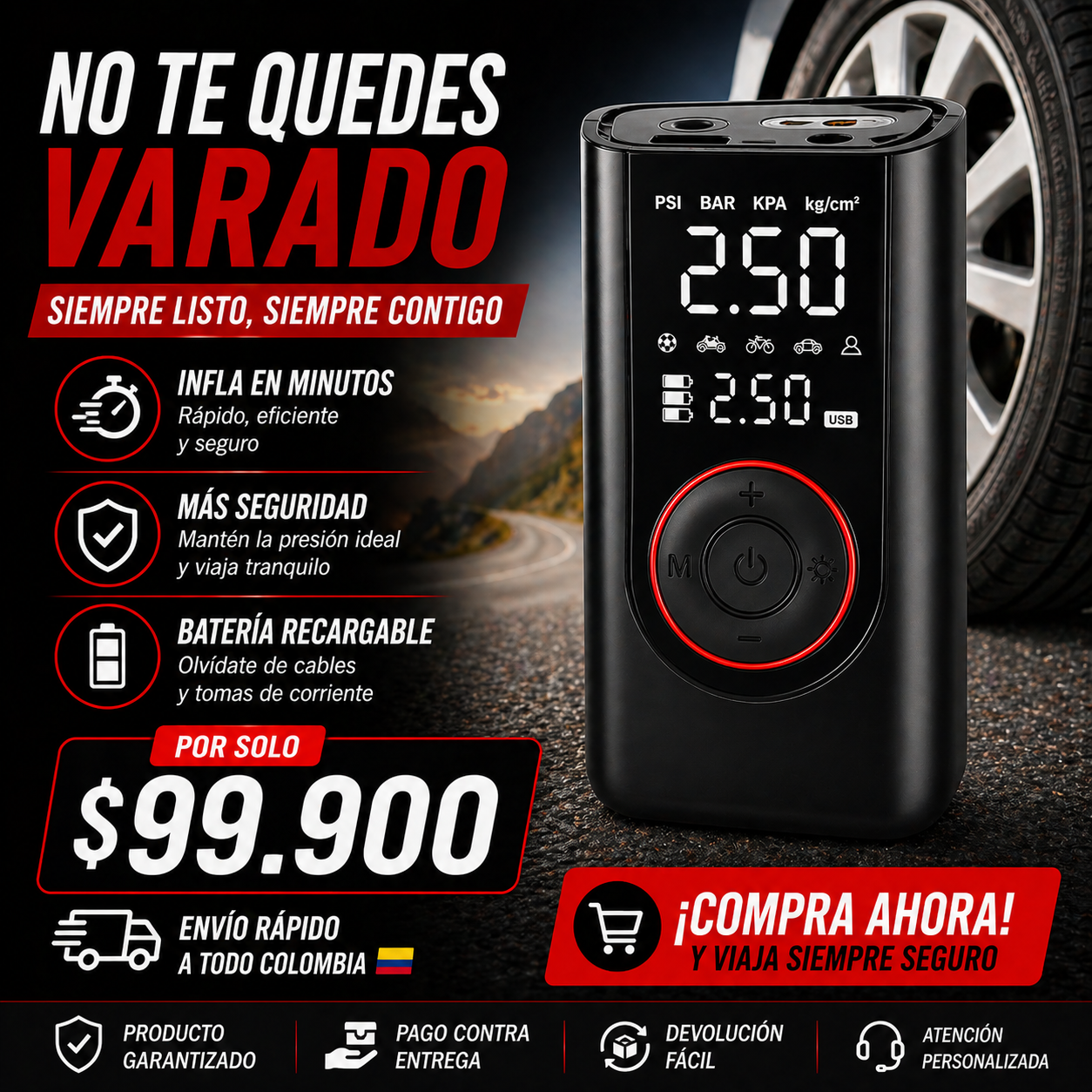 Infla tus llantas en minutos y sin esfuerzo – Inflador Portátil Inteligente